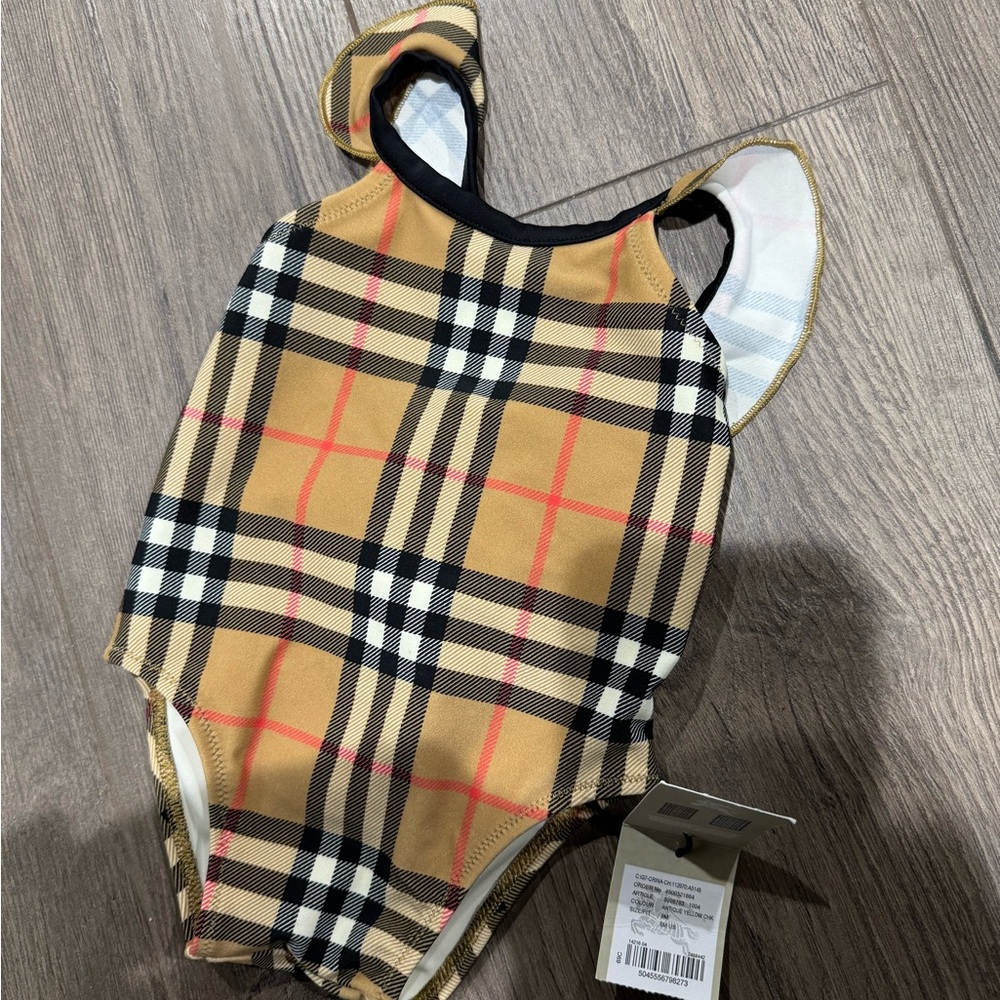 Burberry Kids Swim One Piece in Tan and Black Check
